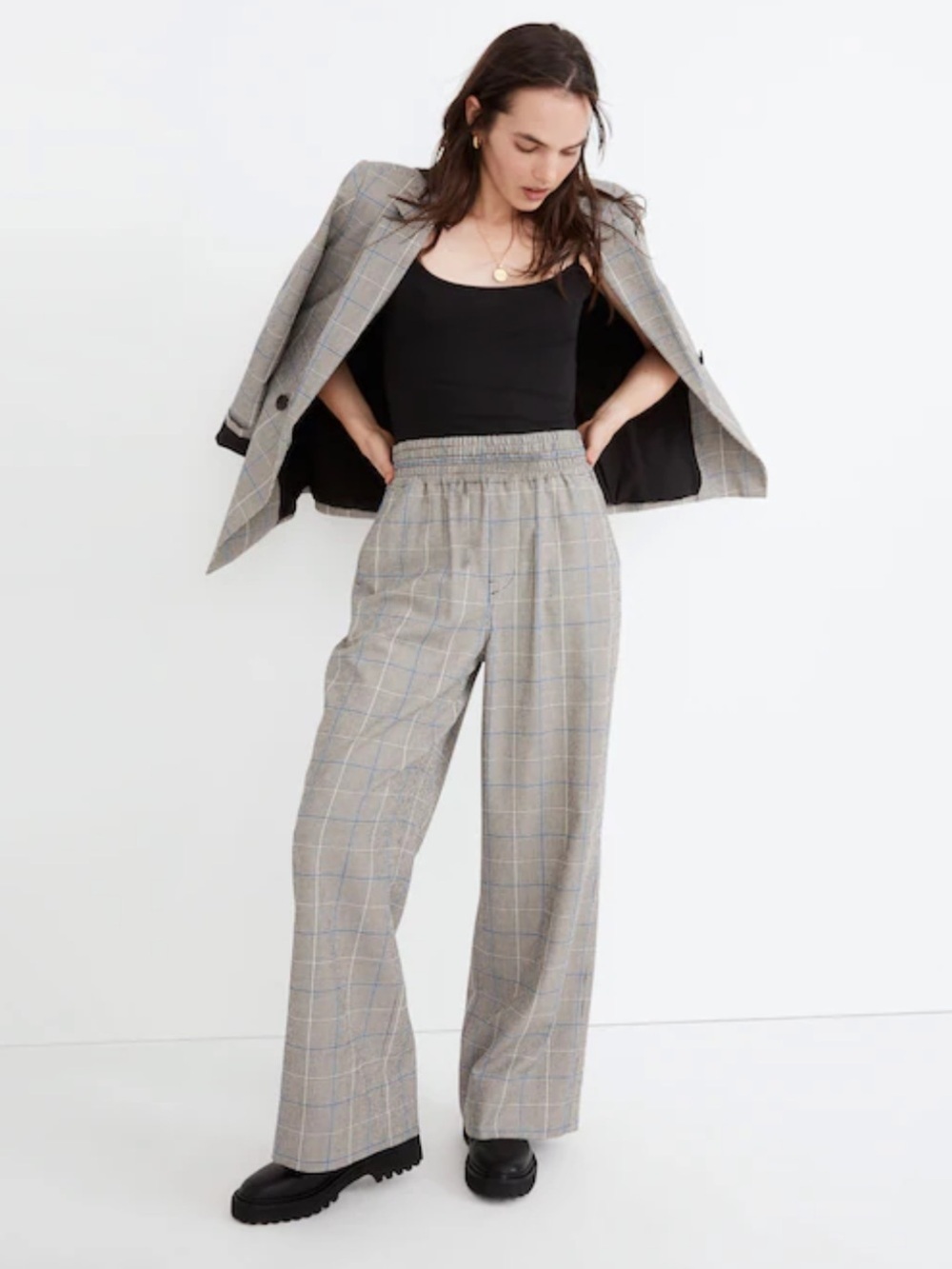 Madewell Carly Wide Leg Houndstooth Checkered Pull-On Striped Trouser Pant